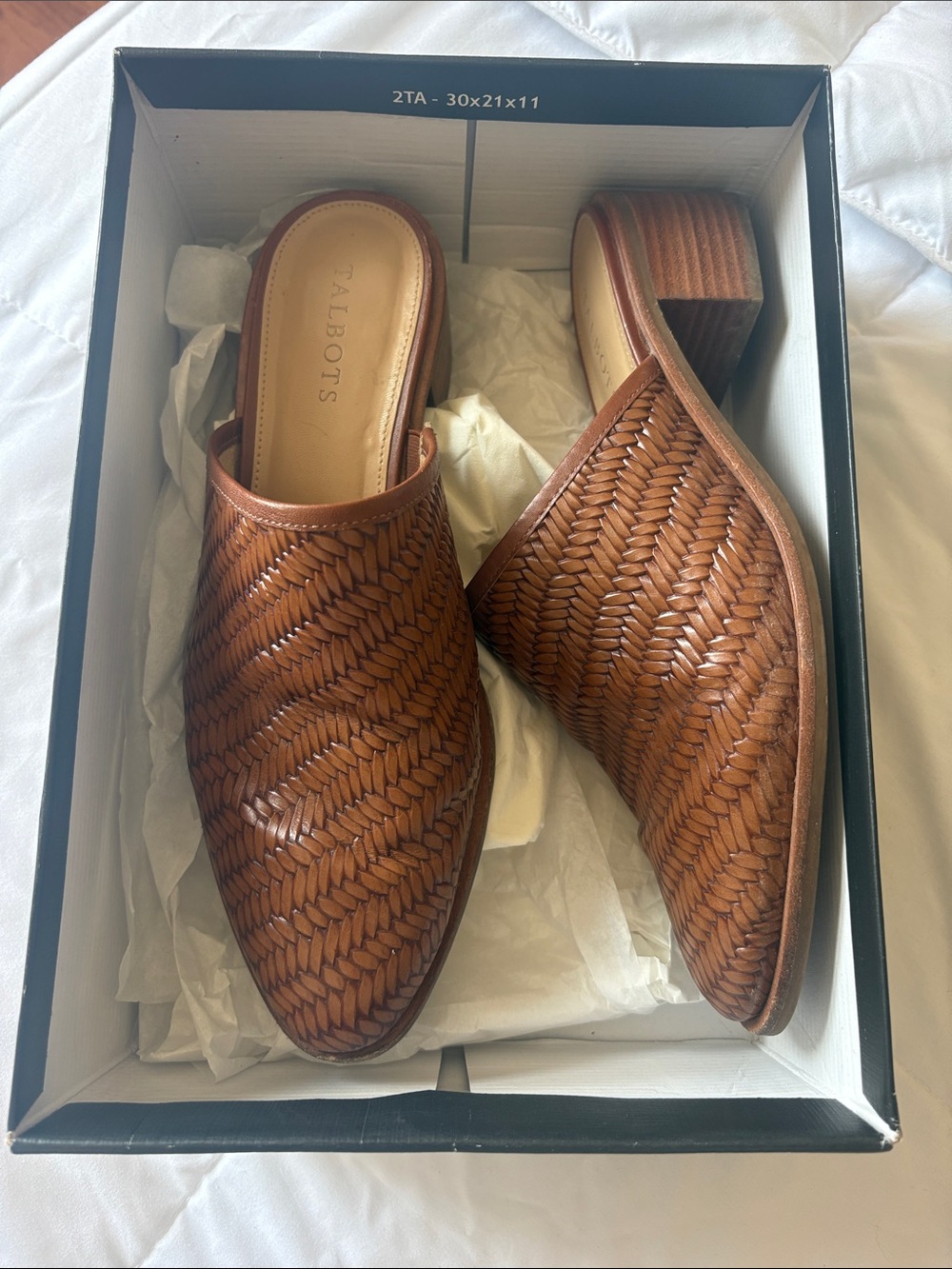 Talbots Woven Leather Mule Slides in Cognac Brown